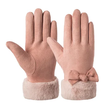 1 пара прекрасных женских теплых перчаток, теплые замшевые перчатки с бантом, стильные зимние перчатки, варежки с сенсорным экраном, многоцелевые теплые перчатки