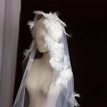 1 шт. Женская Новая Марлевая вуаль на голову, белый Изысканный реквизит для свадебной фотосъемки невесты с перьями, аксессуары для волос ручной работы