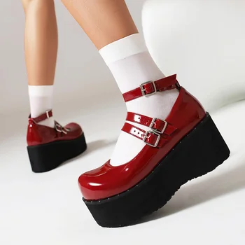 2023 г., новые весенние женские туфли-лодочки, большие размеры, длина 22-26,5 см, лакированная кожа, туфли на высоком каблуке с круглым носком и пряжкой, пикантные туфли на толстом каблуке
