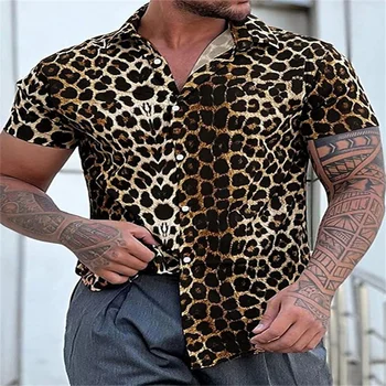 2023 мужская гавайская рубашка с леопардовым принтом, 3D-печать, мужская пляжная рубашка для отдыха, 5XL, модная футболка оверсайз с короткими рукавами, футболка