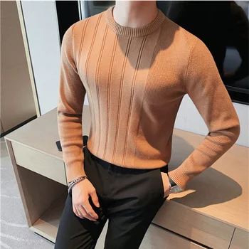2023 Пуловеры Мужские свитера Корейские повседневные полосатые однотонные Мужские трикотажные топы с полувысоким воротником, облегающие, стрейчевые
