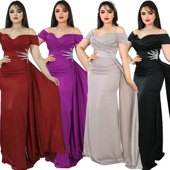 2024 Летние Вечерние платья для африканских вечеринок для женщин, Элегантное Черное Розовое Фиолетовое Длинное Облегающее платье с коротким рукавом, одежда для Африки