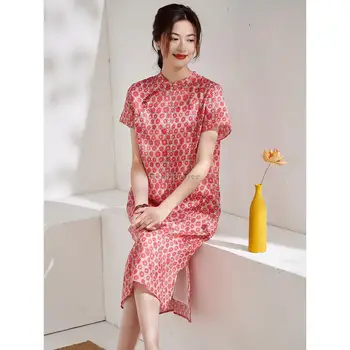 2024 новое улучшенное платье чонсам в китайском стиле, женское элегантное розовое платье ципао, тонкое платье с коротким рукавом, улучшенное розовое платье ханфу