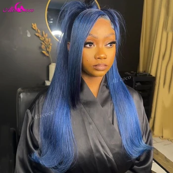 Alicoco Синие прямые парики из человеческих волос на кружеве 13Х4 для чернокожих женщин, прозрачный парик с кружевной застежкой 5х5, бразильские волосы