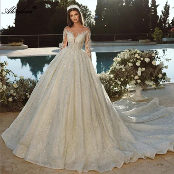 Alonlivn Роскошное Кружевное Бальное платье с длинными рукавами, Свадебные платья, Иллюзия шеи, Вышивка бисером, Vestido De Noiva