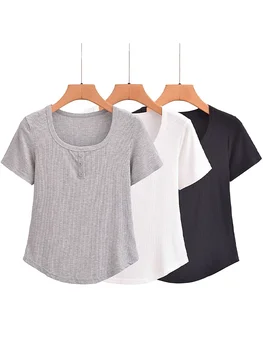 Willshela, женская модная однотонная футболка с пуговицами, Винтажный квадратный воротник, Короткие рукава, женские шикарные трикотажные топы