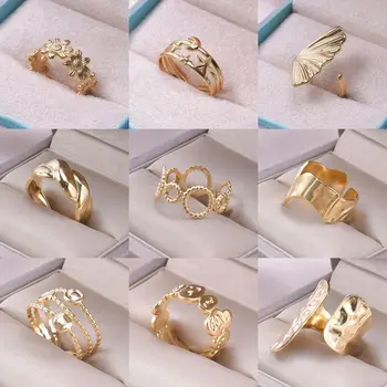 Винтажные кольца из титановой стали золотого цвета для женщин Star Moon Модные большие кольца Унисекс с готической геометрией, открытые Регулируемые Ювелирные изделия