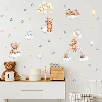 Воздушный шар с мультяшным медведем, Радуга, Звезда, Луна, Наклейки на стены для детской спальни, Настенные росписи с животными, Наклейки для дома Diy, плакаты из ПВХ
