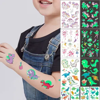 Детские временные татуировки Принцесса динозавров, светящаяся наклейка с татуировкой для детей, поддельная татуировка единорога, водонепроницаемая детская татуировка