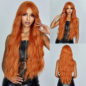 Длинные волнистые синтетические парики, Оранжево-желтые Рыжие парики с челкой для женщин, косплей-вечеринка, парики с волнистыми волосами из термостойкого волокна
