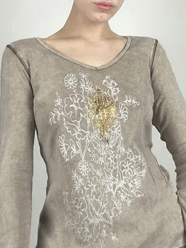 Женская одежда в стиле гранж, топы Y2K, эстетические рубашки в стиле Фея Гранж с длинным рукавом для девочек-подростков, винтажные футболки с графическим рисунком, осень