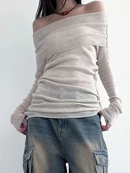 Женские свитера с открытыми плечами, топы-пуловеры с длинными рукавами, сексуальные трикотажные футболки с коротким рукавом, блузки в рубчик