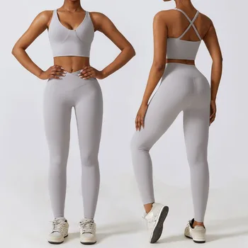 Женский комплект для йоги из двух частей со спортивным бюстгальтером и леггинсами с завышенной талией, высокоэластичная одежда для занятий в тренажерном зале