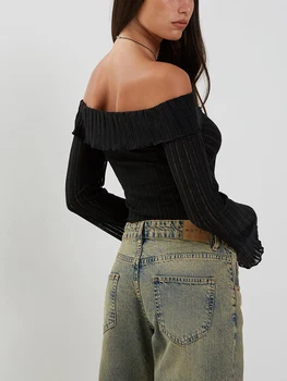 Женский повседневный однотонный свитер, укороченная рубашка из рубчатого трикотажа с длинным рукавом и открытыми плечами Fairy Grunge Fall Y2K Streetwear