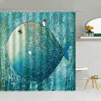 Забавная мечта о большой рыбе, абстрактная занавеска для душа, текстура синего океана, животных, Водорослей, Водонепроницаемая ткань, крючки, шторы для декора ванной комнаты