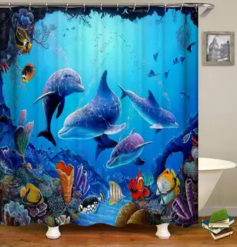 Занавеска для душа с дельфинами, синий подводный мир, морские обитатели, полиэфирная ткань, Набор для декора ванной комнаты в морской тематике для детей с 12 крючками