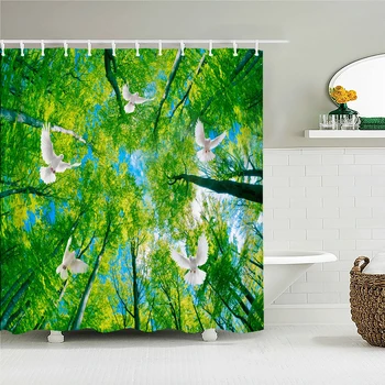 Занавеска для душа с зеленым растением 3D принт Лесные деревья Пейзаж Водонепроницаемая ткань Полиэстер Домашний декор Занавеска для ванны Cortina De Baño