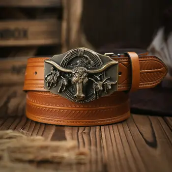 Западный ковбойский ремень из искусственной кожи-Мужской поясной ремень с цветочной гравировкой в виде быка для джинсов