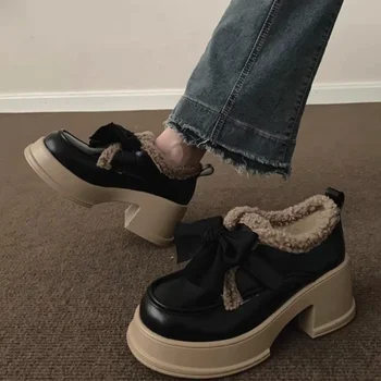 Зимние женские короткие плюшевые туфли Mary Jane в стиле Лолиты с бабочкой и узлом, туфли на платформе с массивным каблуком для женщин, студенческие туфли на каблуке