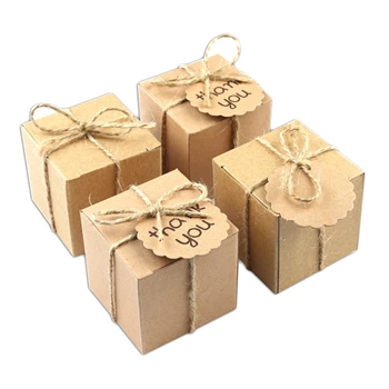 Квадратные коробки для шоколада из крафт-бумаги, Коробки для подарков, Коробка конфет для душа ребенка, подарочная коробка с карточками и веревкой 10 шт./лот