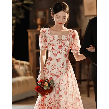 Китайский стиль, красный принт, Ципао Чонсам, Винтажное Классическое китайское платье с жемчужным воротником, сексуальное кружевное вечернее платье трапециевидной формы