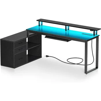 Компьютерный стол с Ящиком для Папок, 55,1-дюймовый L-образный стол с Электрической Розеткой и светодиодной Подсветкой