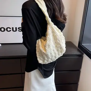 Корейская сумка Bubble через плечо, сложенная сумка подмышками, холщовая сумка-тоут, женская легкая Решетчатая плиссированная однотонная сумка большой емкости 0