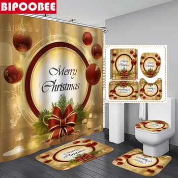 Красный бант, Золотой Рождественский декор, Занавески для душа, занавеска для ванной, Противоскользящий ковер, крышка унитаза, коврик для ванной, коврик для ванной, экран для ванны