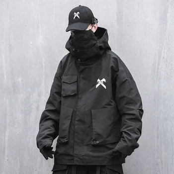 Куртки Techwear, Черная ветровка-карго с капюшоном, мужская Свободная водолазка, Функциональная верхняя одежда со стереокарканом для отдыха.