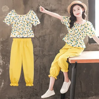 Летний детский повседневный костюм с цветочным рисунком для девочек-подростков в Корейском стиле из 2 предметов, желтые комплекты детской одежды