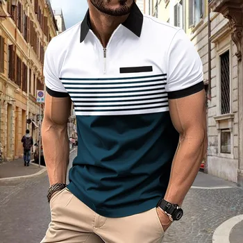 Летняя рубашка-поло Amazon Instant 2024 года с застежкой-молнией на лацкане, мужская полосатая спортивная рубашка-поло с принтом High Street, дышащая рубашка-поло