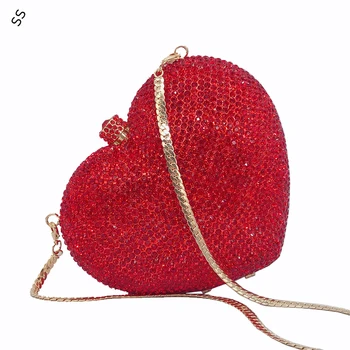 Металлическая цепочка, инкрустированная стразами, сумочка в стиле красного сердца, женские модные клатчи с твердой оболочкой для сумочки вечеринки