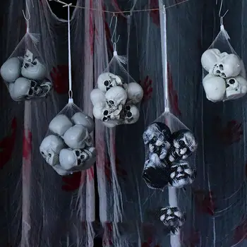 Мини-черепа на Хэллоуин, реалистичные головы скелетов В сетчатом мешке, украшение для дома в баре на Хэллоуин, Страшный реквизит для дома с привидениями