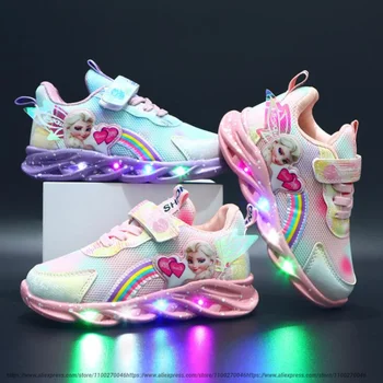 Модные повседневные кроссовки со светодиодной подсветкой Розово-фиолетового цвета для весенних девочек; уличная обувь с принтом принцессы Эльзы; Детская обувь с подсветкой