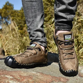 Мужская кожаная походная обувь, треккинговые водонепроницаемые кроссовки на плоской подошве, удобная спортивная обувь для прогулок в горах, сшитая повседневная обувь