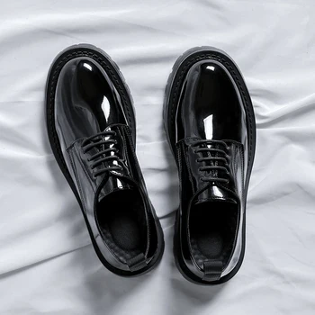 мужские повседневные деловые офисные вечерние платья, туфли-дерби из лакированной кожи на шнуровке, джентльменская обувь на платформе, черные кроссовки, мужские