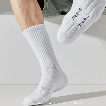 Мужские спортивные носки на полотенечной подошве, белые, черные, длинные носки, мужские массажные носки с махровой подошвой, Дышащие баскетбольные носки до середины икры