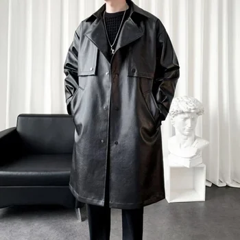 Мужской тренч из искусственной кожи, модная осенняя ветровка с длинным рукавом, Тонкая кожаная длинная куртка 2023, Мужская черная куртка, верхняя одежда