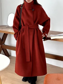 Новое красное двустороннее шерстяное пальто с толстым воротником-стойкой, женское модное длинное шерстяное пальто на шнуровке для пригородных поездок с длинным рукавом, тренд Осень-Зима