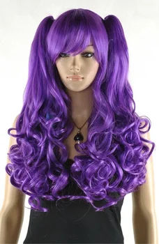 новый фиолетовый длинный кудрявый парик для косплея + два хвостика + парик