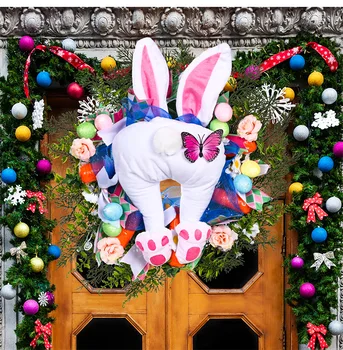 Пасхальный Венок Для Входной Двери Cute Thief Bunny Butt С Ушками Мультяшная Форма Кролика 2024 Внутреннее Наружное Украшение Пасхальные Украшения