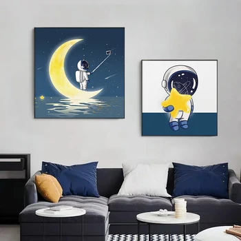 Плакаты и принты с изображением астронавта в скандинавском стиле, настенные рисунки в виде Луны и звезды, настенные картины на холсте синего и желтого цветов, декор детской комнаты