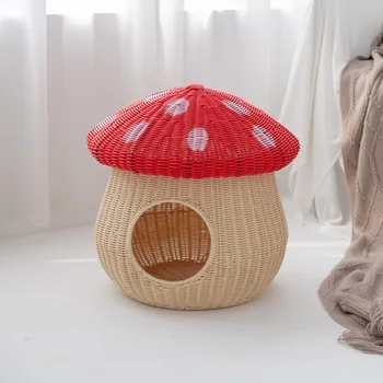 Плетеное из лозы кошачье гнездо грибного дизайна Four Seasons Универсальный кошачий домик для кошек Полузакрытый съемный и моющийся диван