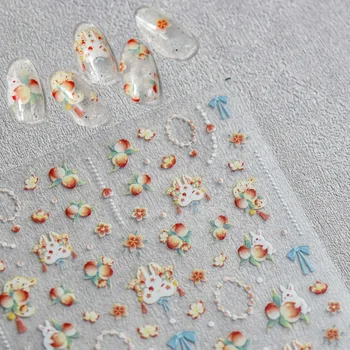 Прекрасный персиковый кролик 3D самоклеящиеся наклейки для ногтей Цветы в китайском стиле Милые 5D Мягкие рельефы с тиснением Наклейки для маникюра
