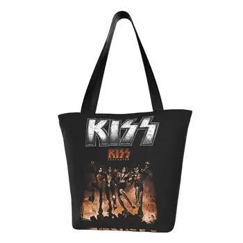 Проблемная сумка для покупок Grunge Rock Kiss Band, женская сумка для покупок из тяжелого металла, холщовая сумка для покупок, большая вместительная сумка