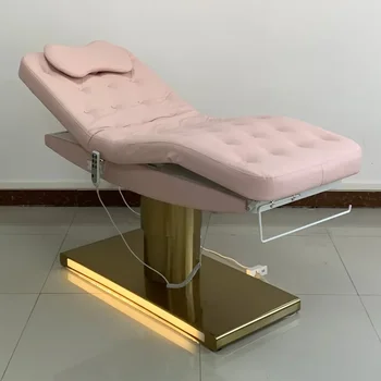 Роскошная Розовая кожа с хохолком, Золотая Салонная Спа-кровать, Косметическое оборудование, 3 Электрических косметических стола, Массажная кровать со светодиодной подсветкой