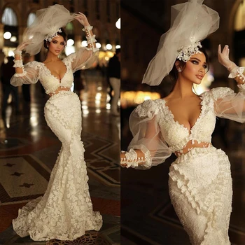 Свадебные платья Принцессы Русалки с глубоким V-образным вырезом и аппликациями, Свадебное платье на заказ, Кружевное Платье Vestido de novia
