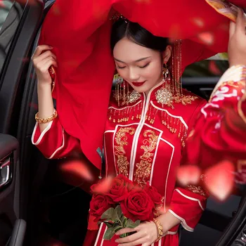 Свадебный костюм невесты в винтажном стиле Тан, одежда для тостов, китайский стиль, блестки, вышивка бисером, кисточки, свадебное платье