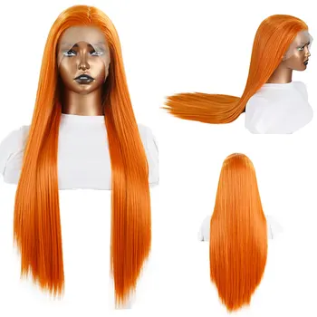 Светло-оранжевый цвет, синтетические парики на кружеве, прямые, из высококачественного термостойкого волокна, предварительно выщипанные волосы, свободная часть для женщины