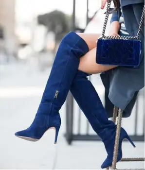 Синие сапоги выше колена из эластичной ткани, женские высокие сапоги на молнии с острым носком сбоку, зимние длинные ботинки на заказ, большой размер